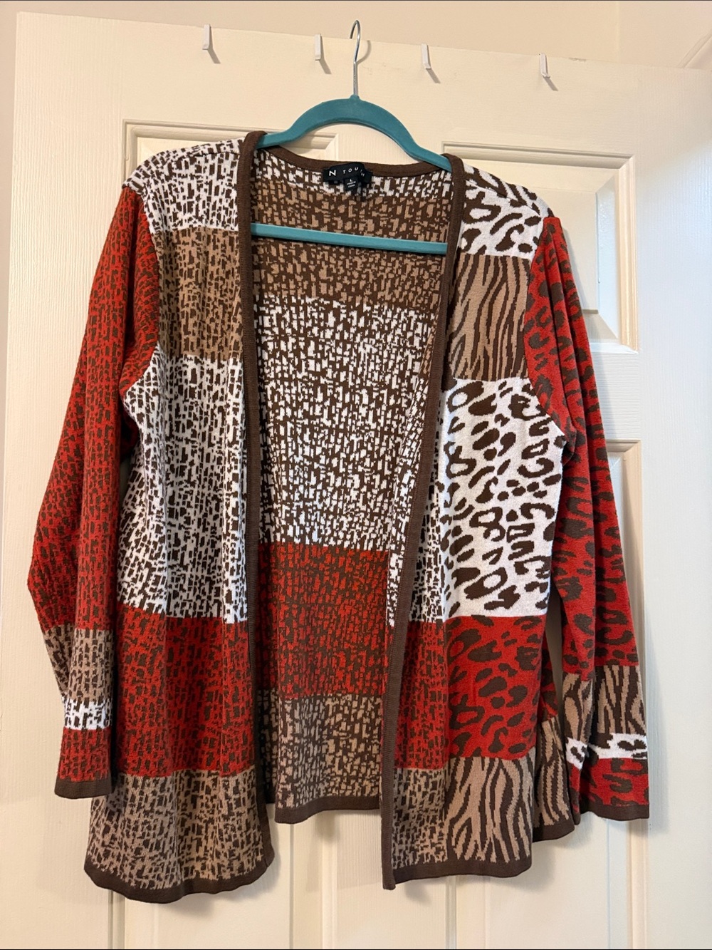 Red-Orange & Brown Animal-Print Open Cardigan Sweater